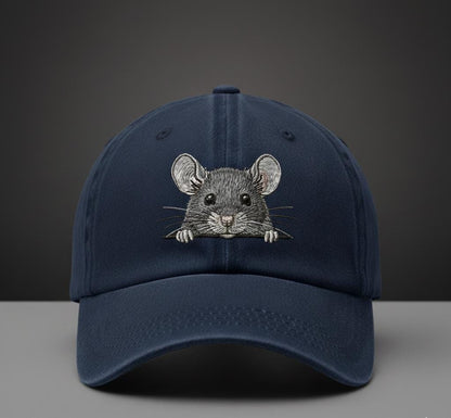 Navy blue baseball cap with embroidered mouse design on the front