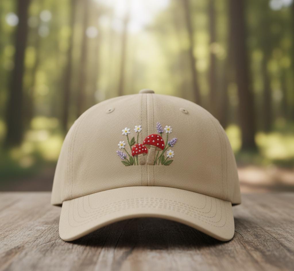 Beige cap with embroidered red mushrooms, daisies, and lavender design set in a forest environment