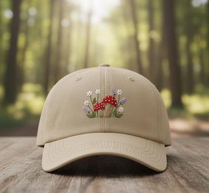 Beige cap with embroidered red mushrooms, daisies, and lavender design set in a forest environment