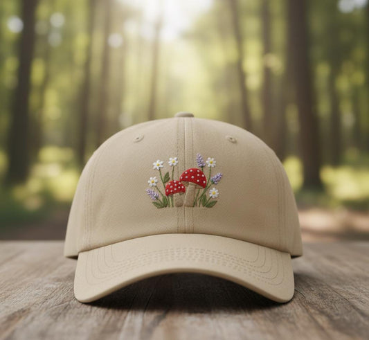 Beige cap with embroidered red mushrooms, daisies, and lavender design set in a forest environment