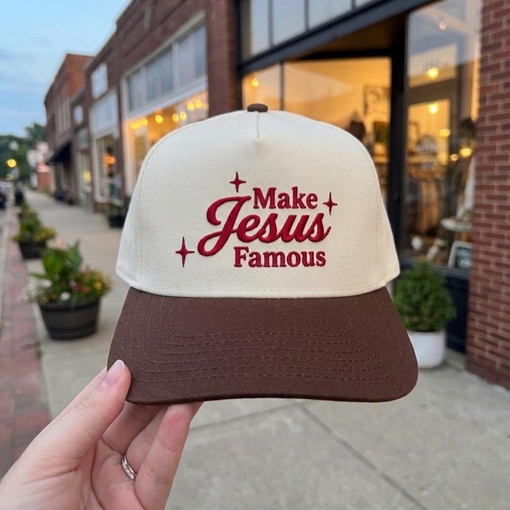 Inspirational 'Make Jesus Famous' Embroidered Cap - Beige & Black Trucker Hat - Image 2