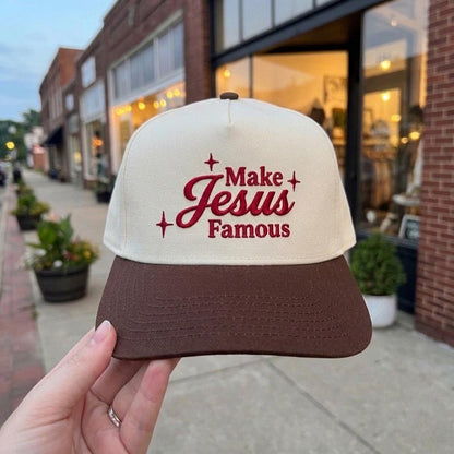 Inspirational 'Make Jesus Famous' Embroidered Cap - Beige & Black Trucker Hat - Image 2