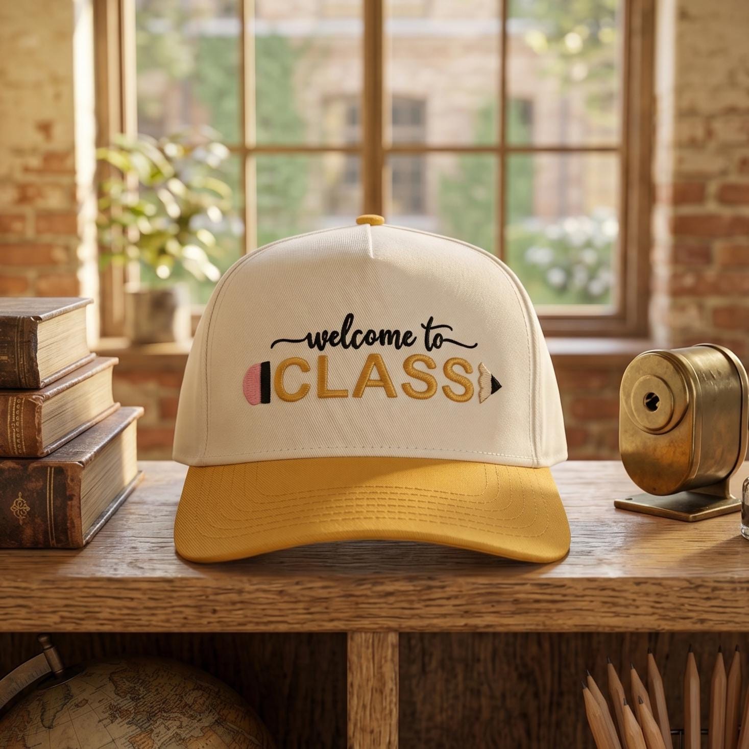 Welcome to Class Embroidered Baseball Cap with Pencil Design - Navy and White - Image 2