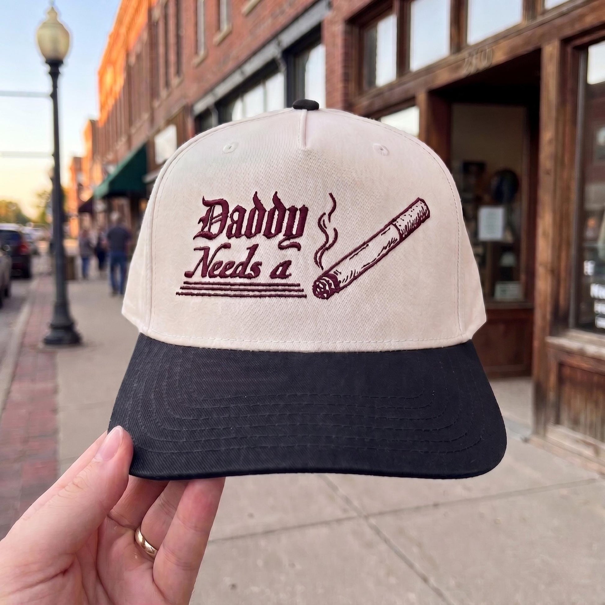 Vintage Style Baseball Cap with Unique Cigar Graphic - Beige and Brown - Image 2