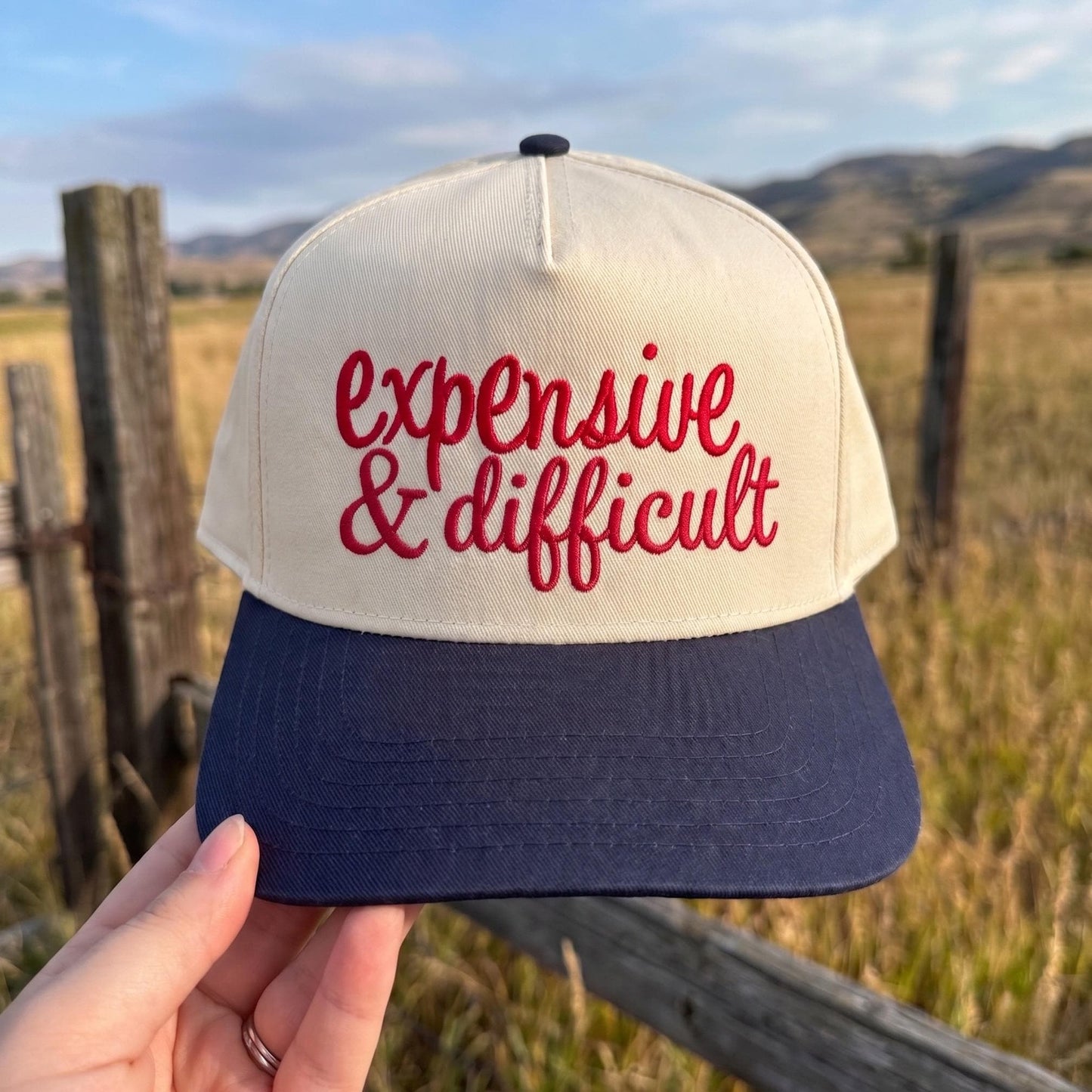 Trendy Trucker Hat with 'Expensive & Difficult' Embroidery - Yellow and White Cap - Image 2