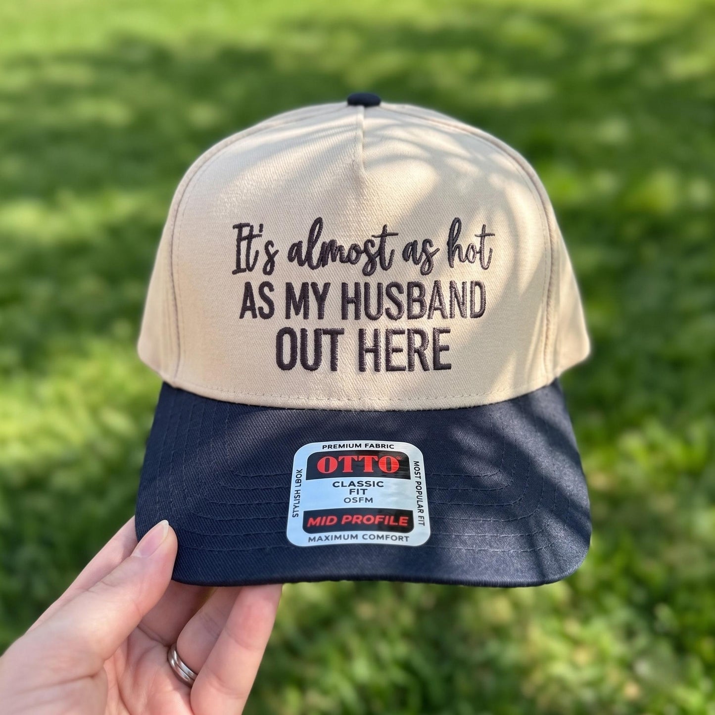Funny Summer Baseball Cap - 'Almost as Hot as My Husband' - Tan/Navy - Image 2