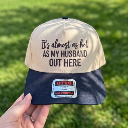 Funny Summer Baseball Cap - 'Almost as Hot as My Husband' - Tan/Navy - Image 2