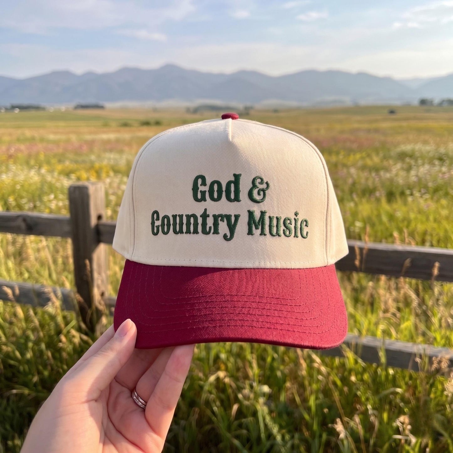 Cream and Blue Baseball Cap with 'God & Country Music' Embroidery - Iconic Design - Image 2