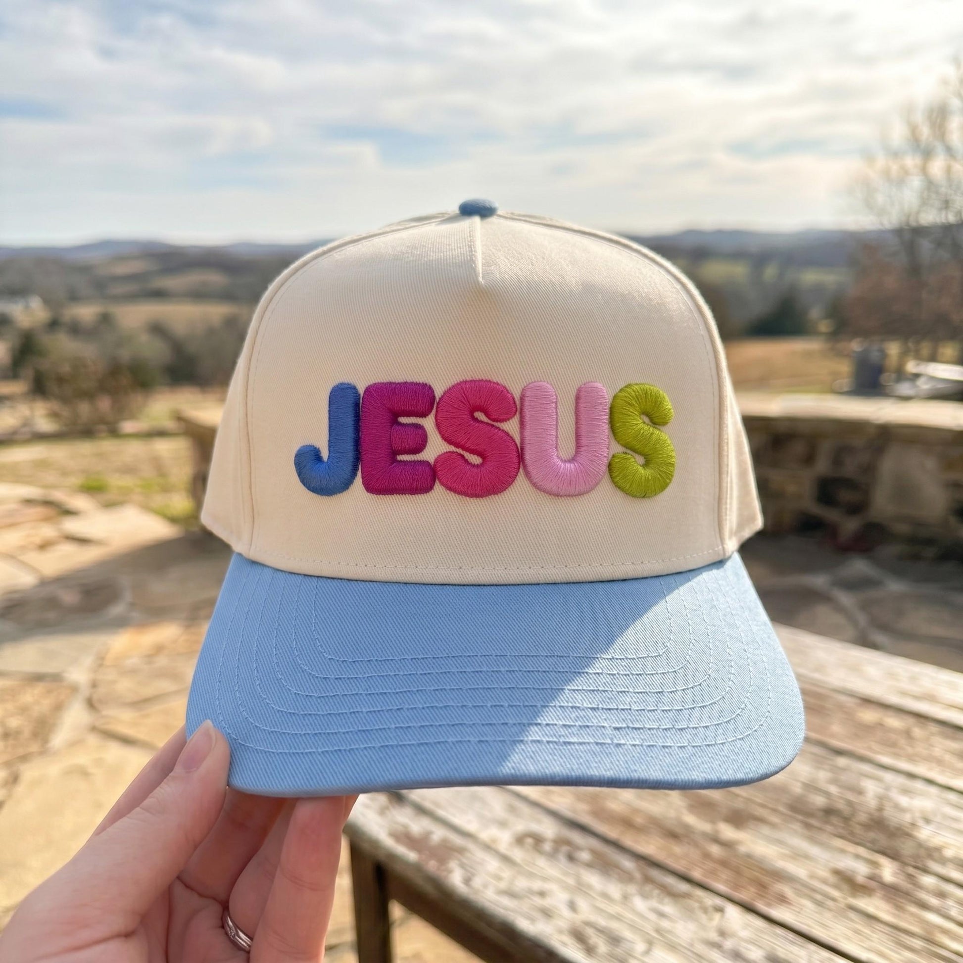 Colorful Embroidered Jesus Message Cap - Multicolor Faith Hat with Brown Brim - Image 2