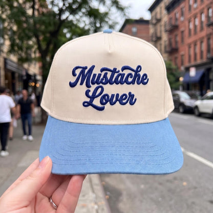 Stylish Mustache Lover Cap - Beige & Blue Embroidered Hat - Image 2