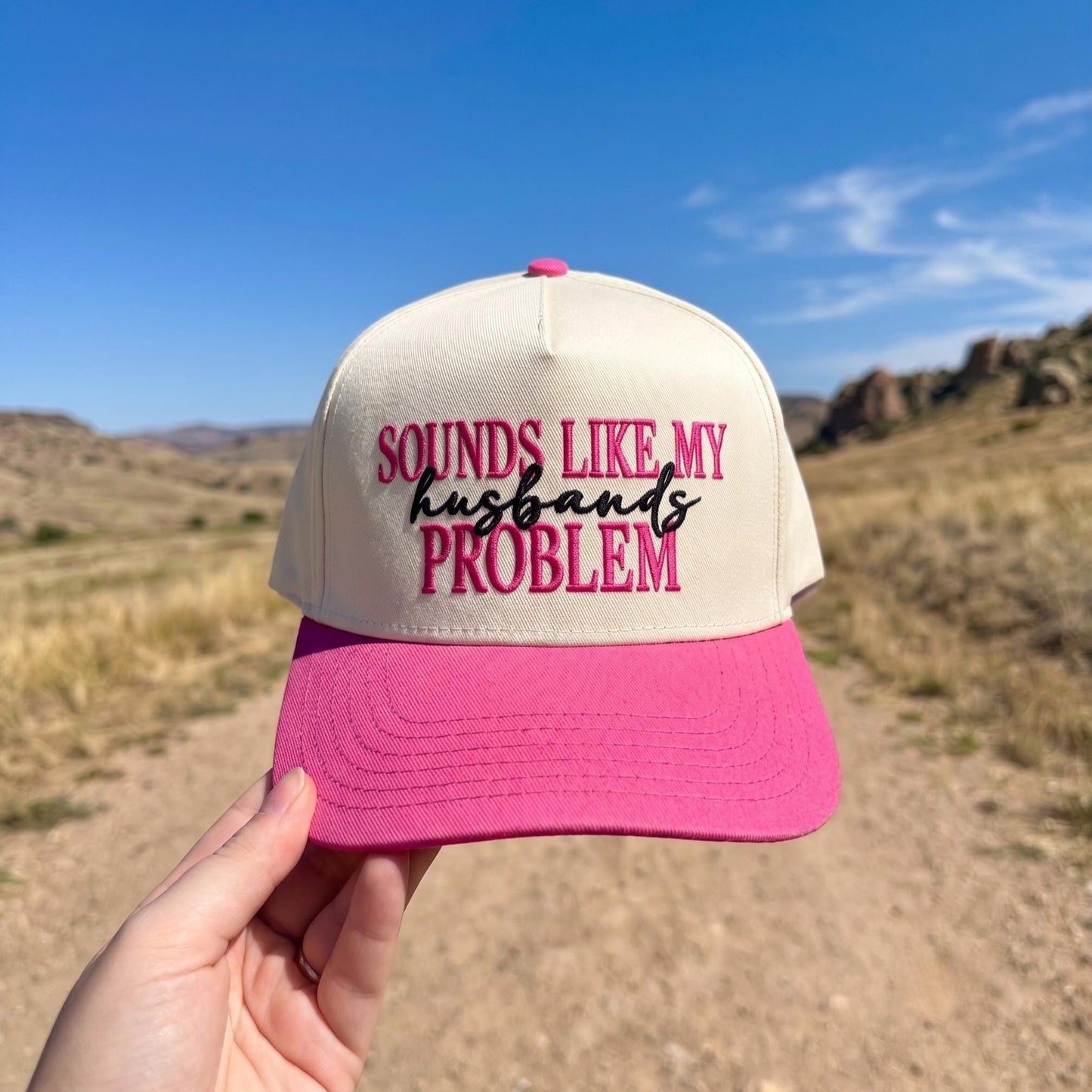Embroidered Trucker Hat with Sassy Phrase - Cream and Navy Cap - Image 2