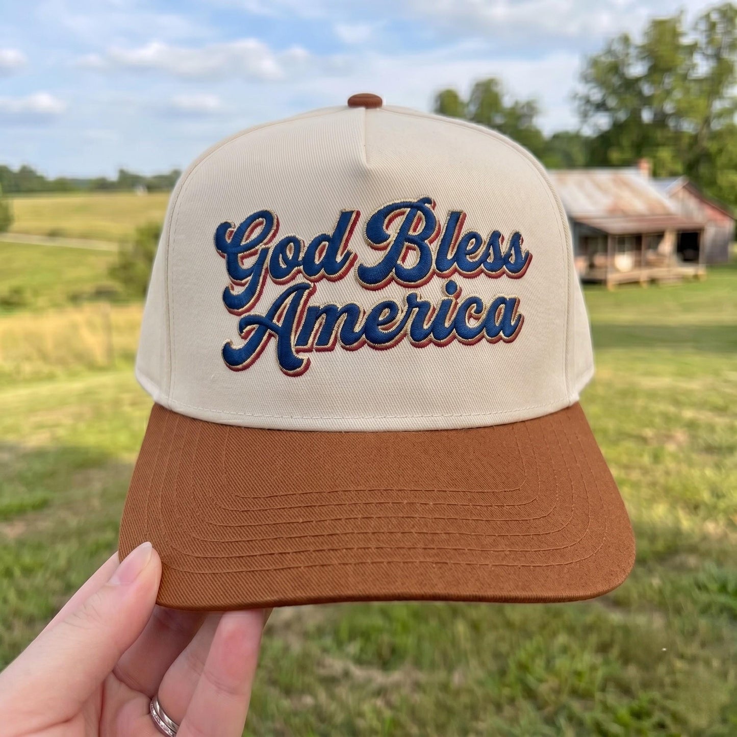 Patriotic Cotton Trucker Hat with Embroidered 'God Bless America' Design - Red and Beige - Image 2