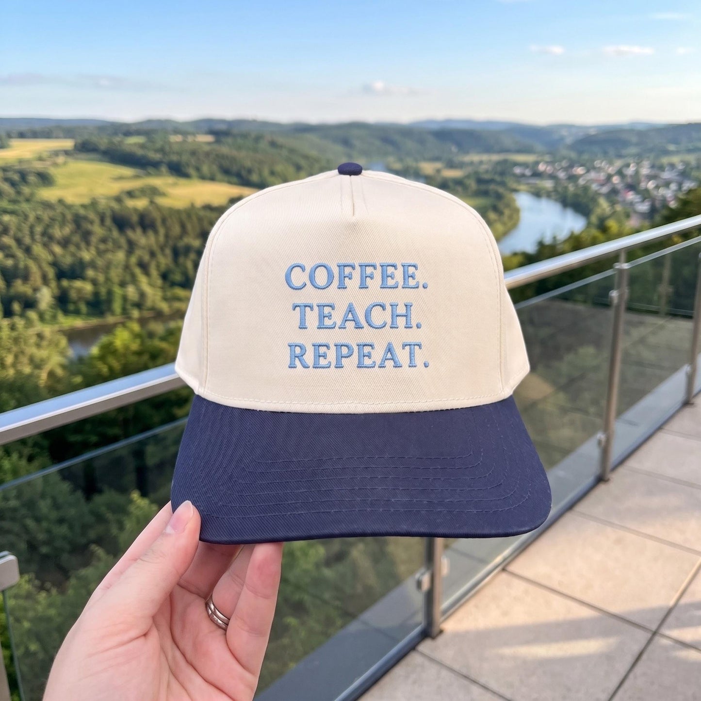 Trendy Teacher Cap with Motivational Text - 'Coffee. Teach. Repeat.' Design - Image 2