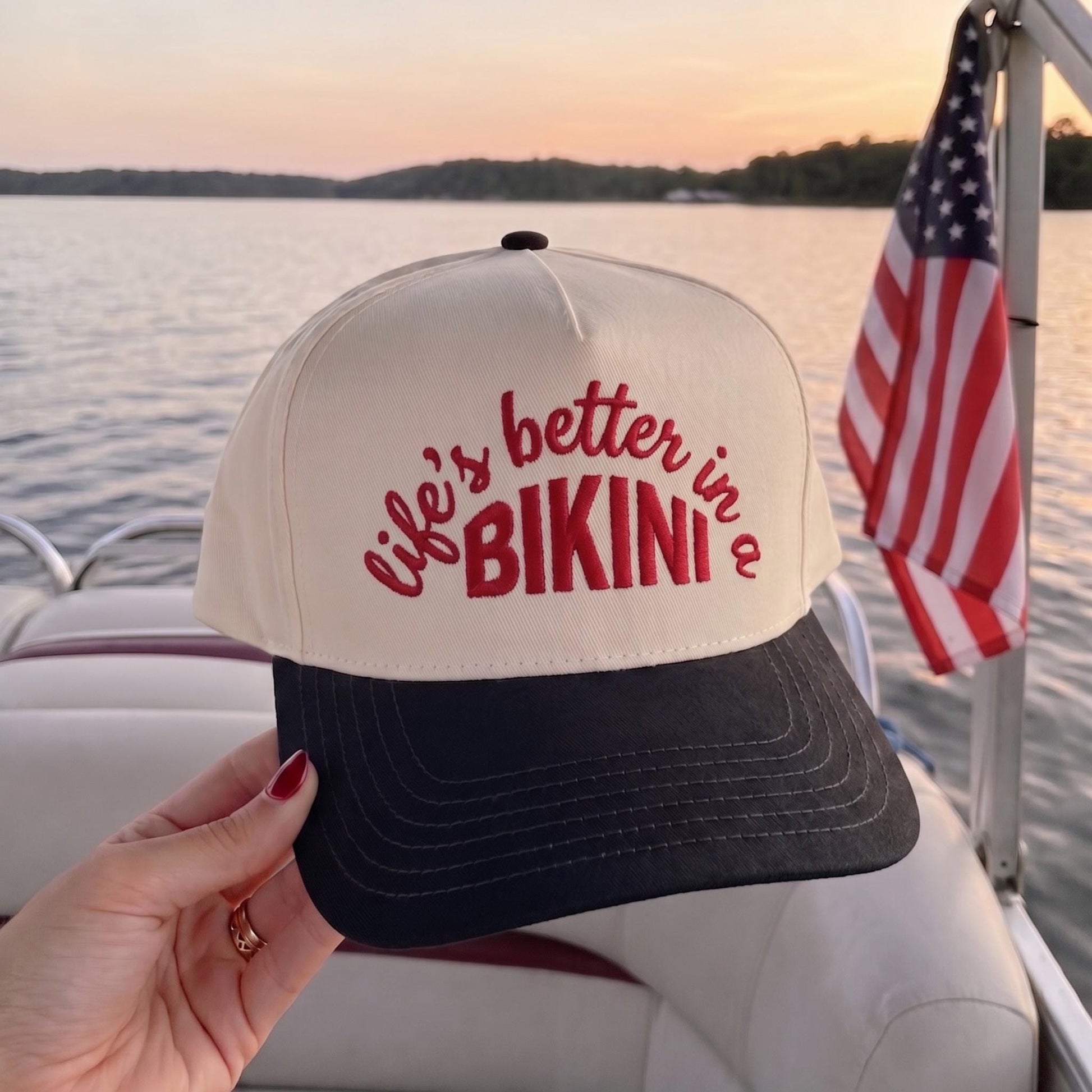 Stylish Two-Tone Cap with Bold 'Bikini' Slogan - Perfect Beachwear Hat - Image 2