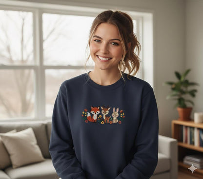 Cute Forest Animal Embroidered Sweatshirt - Fox, Deer, Rabbit Design - Image 2