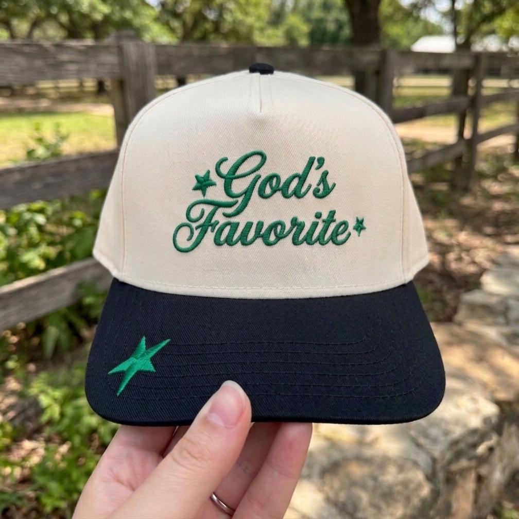 Trendy 'God's Favorite' Embroidered Trucker Cap - Blue & Beige Design - Image 2