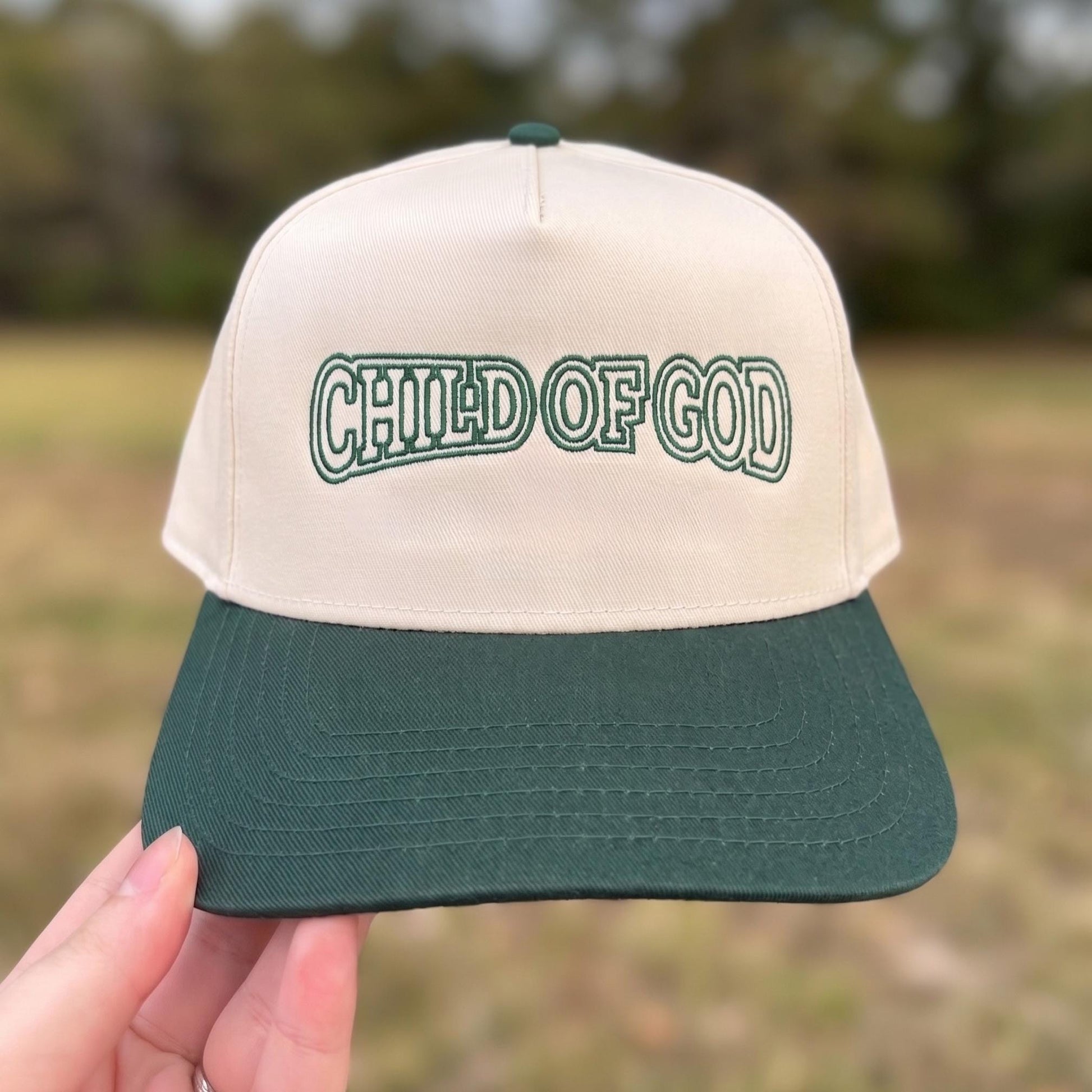 Vintage-Style Trucker Hat with Embroidered 'Child of God' Design - Beige & Black Cap - Image 2