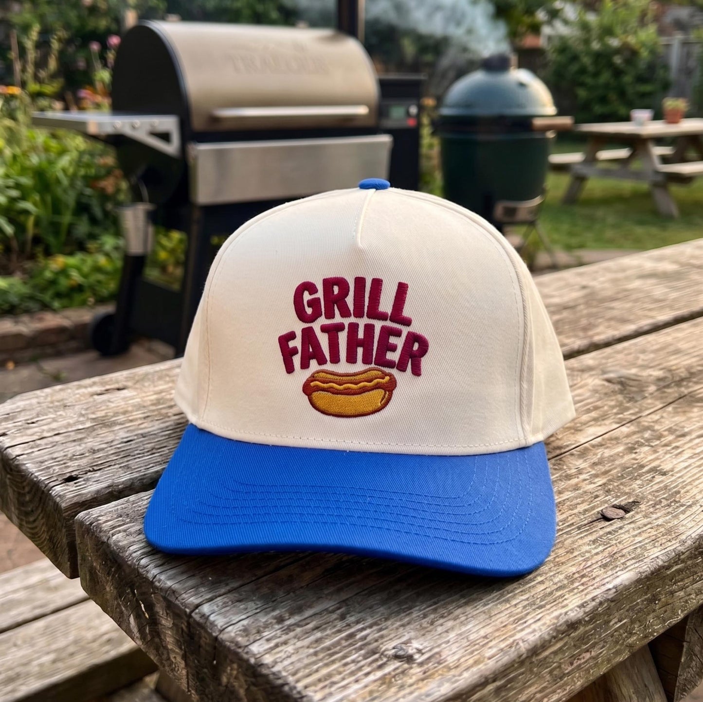 Funny BBQ Dad Hat with 'Grill Father' Embroidery - White & Blue Cap - Image 2