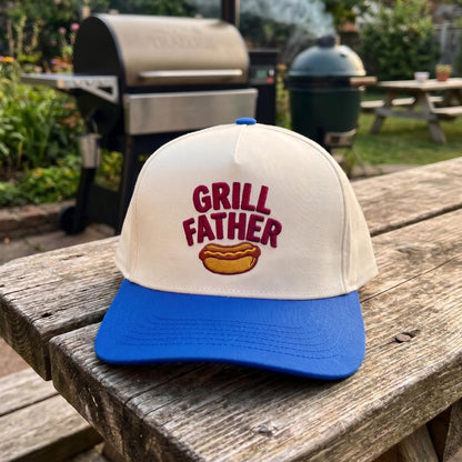 Funny BBQ Dad Hat with 'Grill Father' Embroidery - White & Blue Cap - Image 2