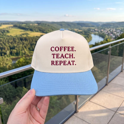 Trendy Teacher Cap with Motivational Text - 'Coffee. Teach. Repeat.' Design - Image 3