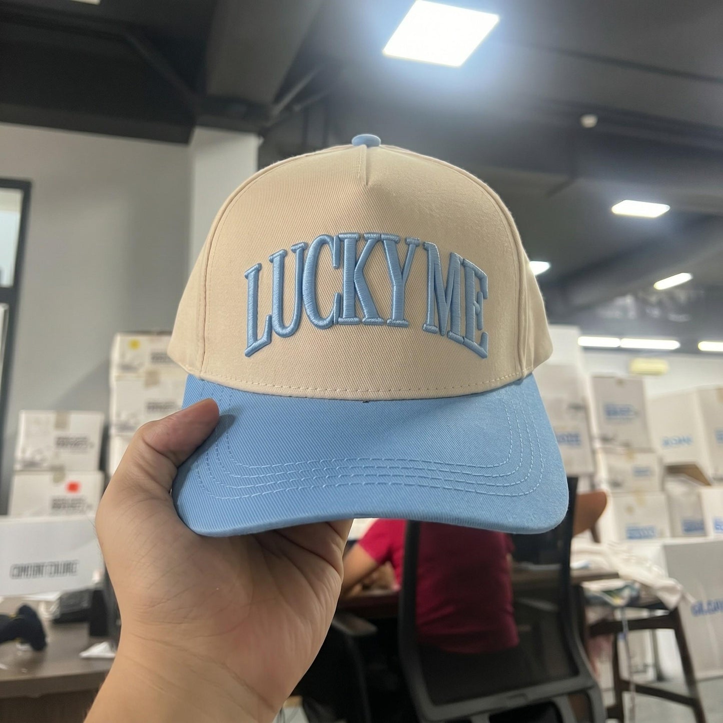 Beige 'Lucky Me' Cotton Baseball Cap - Casual Style with Embroidered Text - Image 3