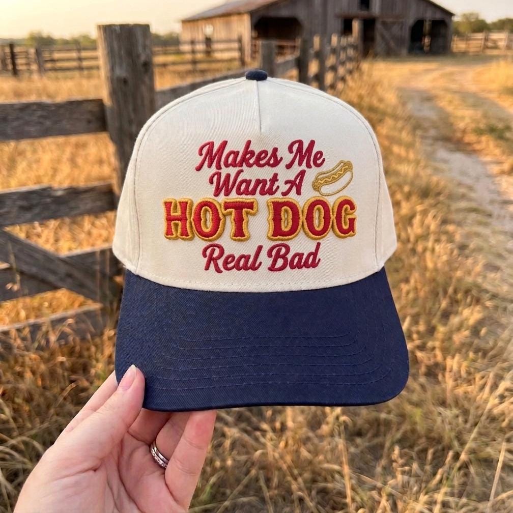 Funny Embroidered Hot Dog Cap - Unique White and Blue Design - Image 3