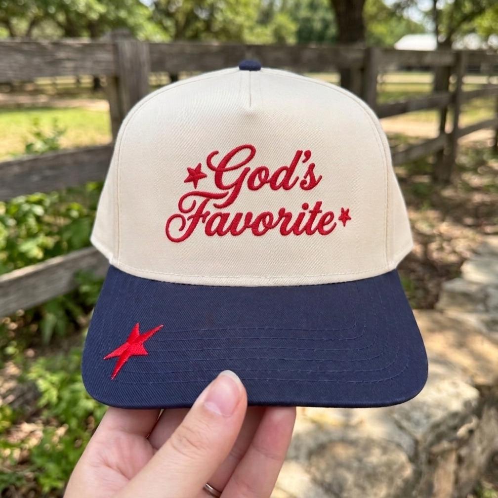Trendy 'God's Favorite' Embroidered Trucker Cap - Blue & Beige Design - Image 3
