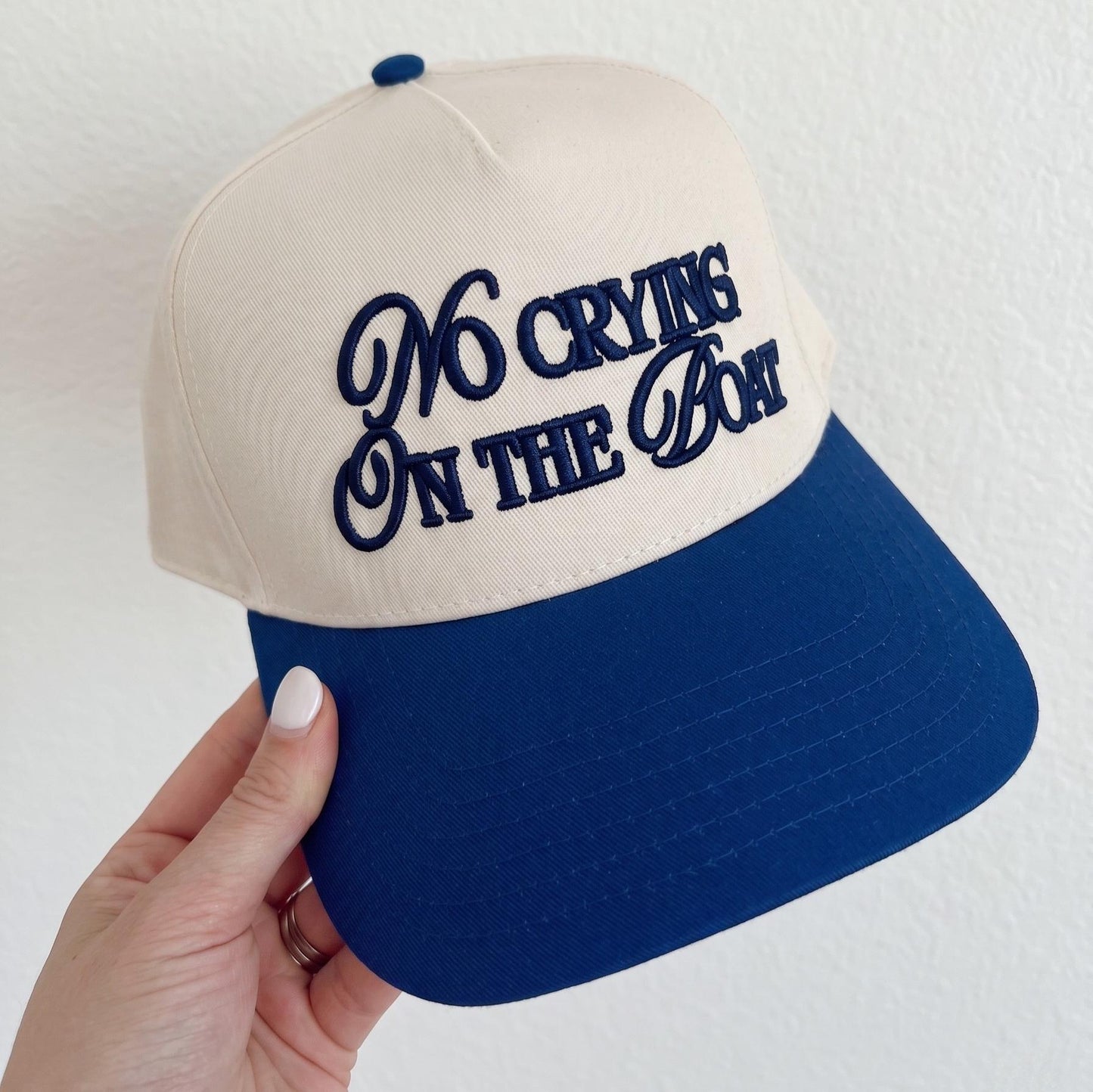 Stylish Two-Tone Baseball Cap with Embroidered Text - 'No Crying On The Boat' - Image 3