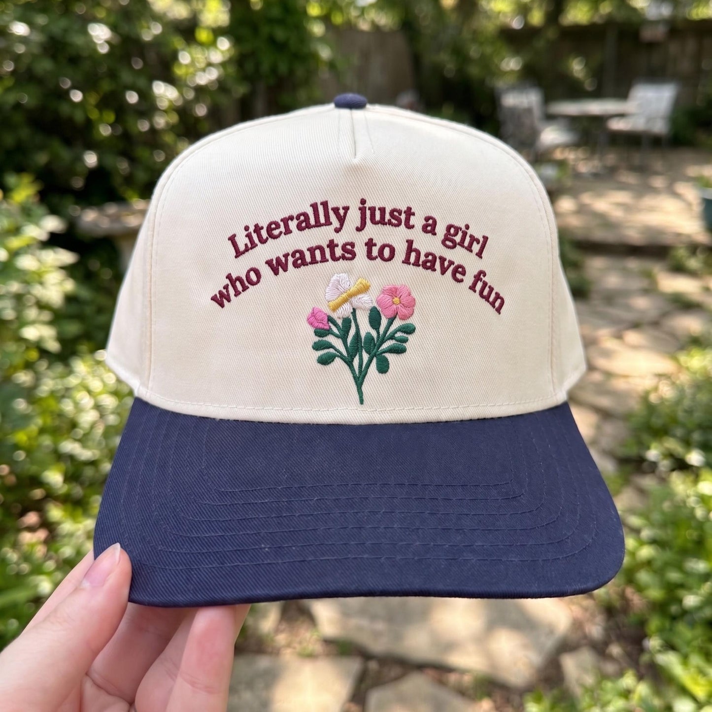 Trendy Floral Fun Statement Cap with Pink Brim - Embroidered Design Hat - Image 3