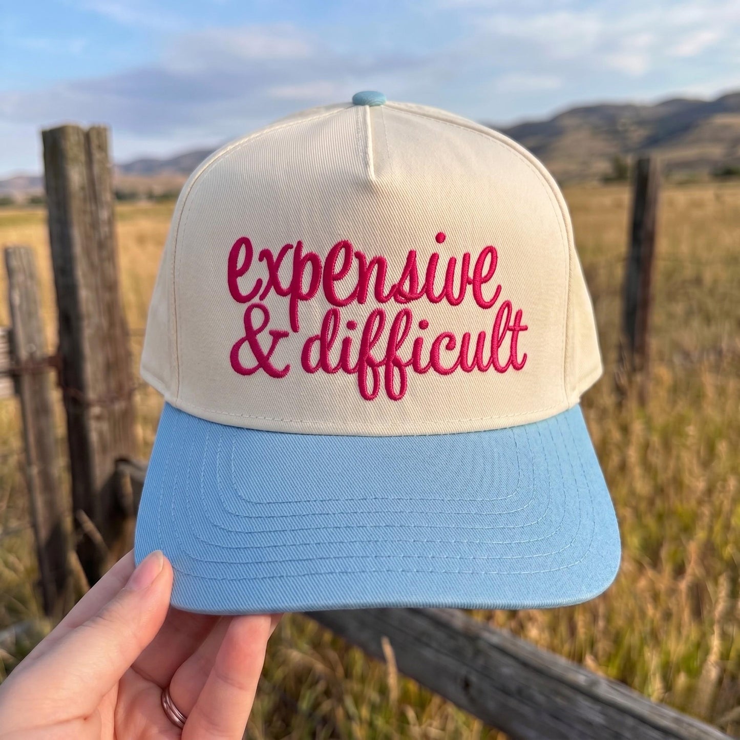 Trendy Trucker Hat with 'Expensive & Difficult' Embroidery - Yellow and White Cap - Image 3