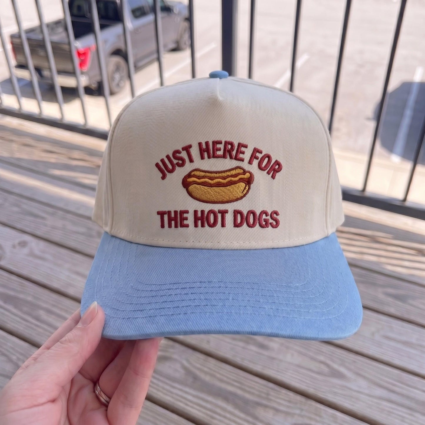 Retro Baseball Cap with Hot Dog Embroidery - Red & Cream - Image 3