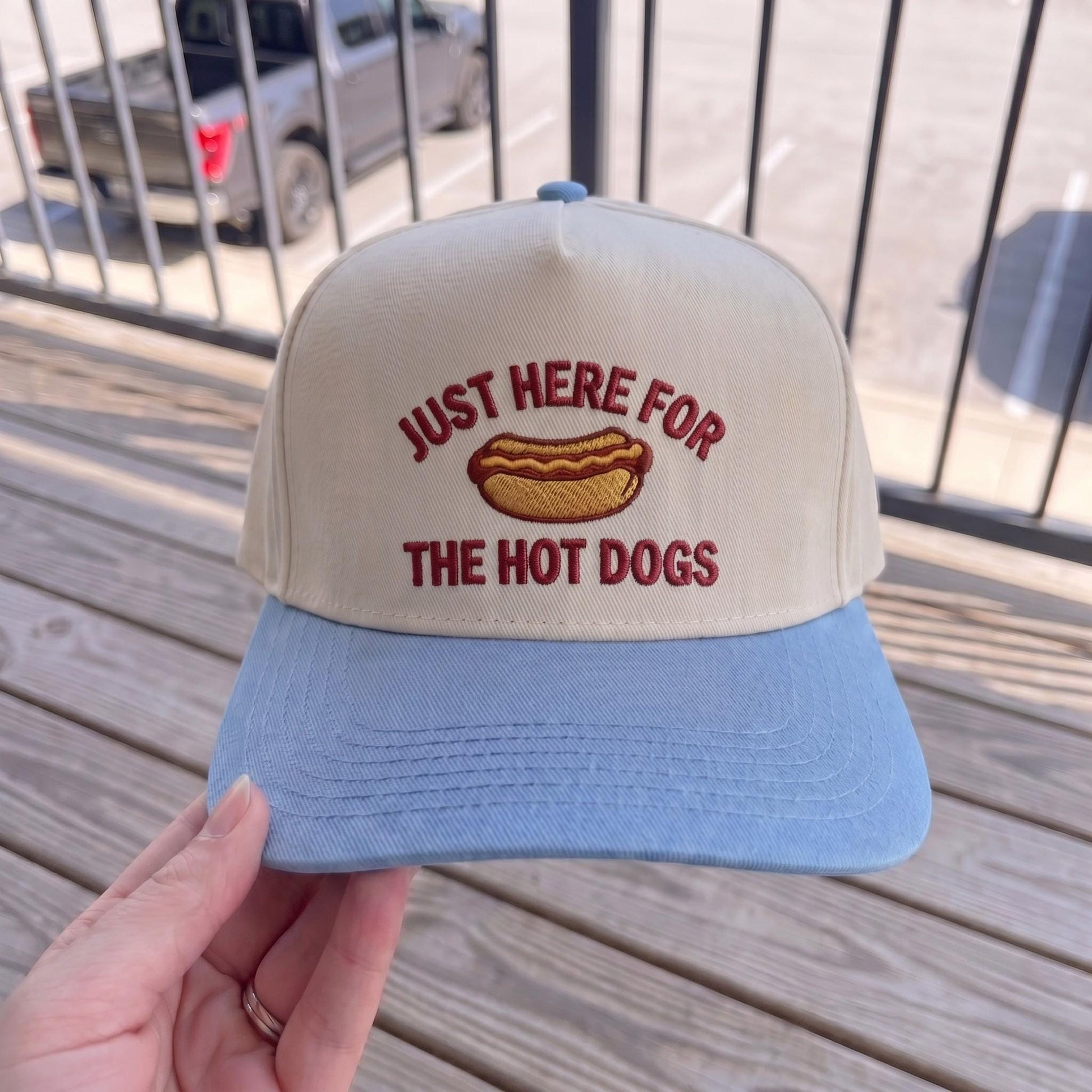 Retro Baseball Cap with Hot Dog Embroidery - Red & Cream - Image 3