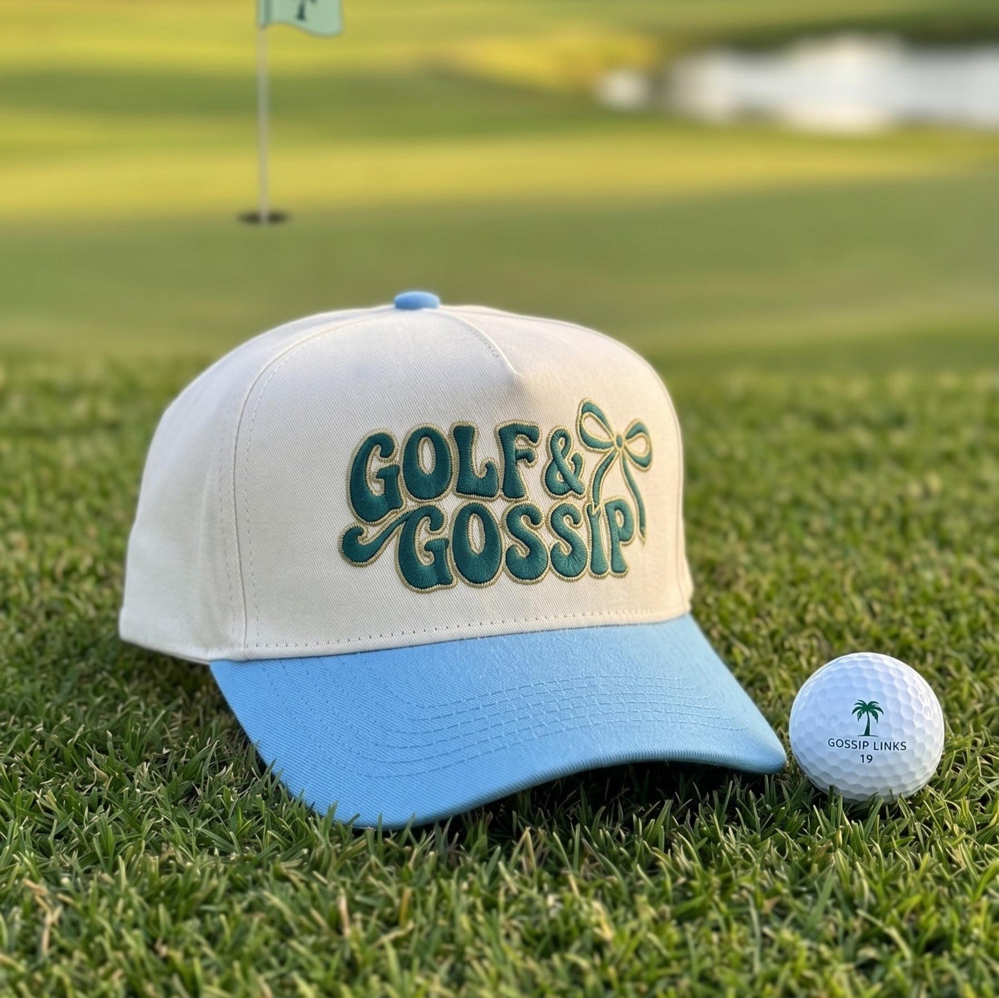 Stylish Golf Cap with 'Golf & Gossip' Embroidery - Green & White Design - Image 3