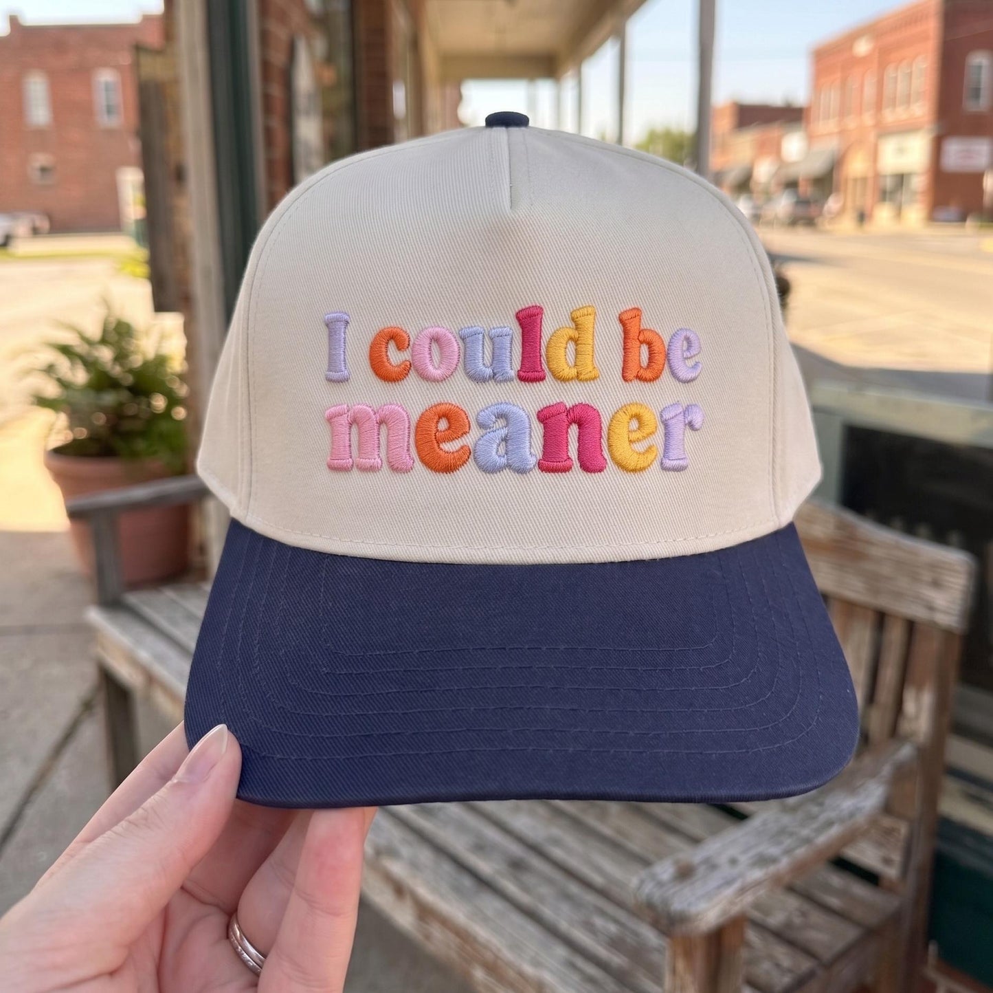 Embroidered Cap with Colorful 'I Could Be Meaner' Statement - Cotton Blend, Adjustable Fit - Image 3