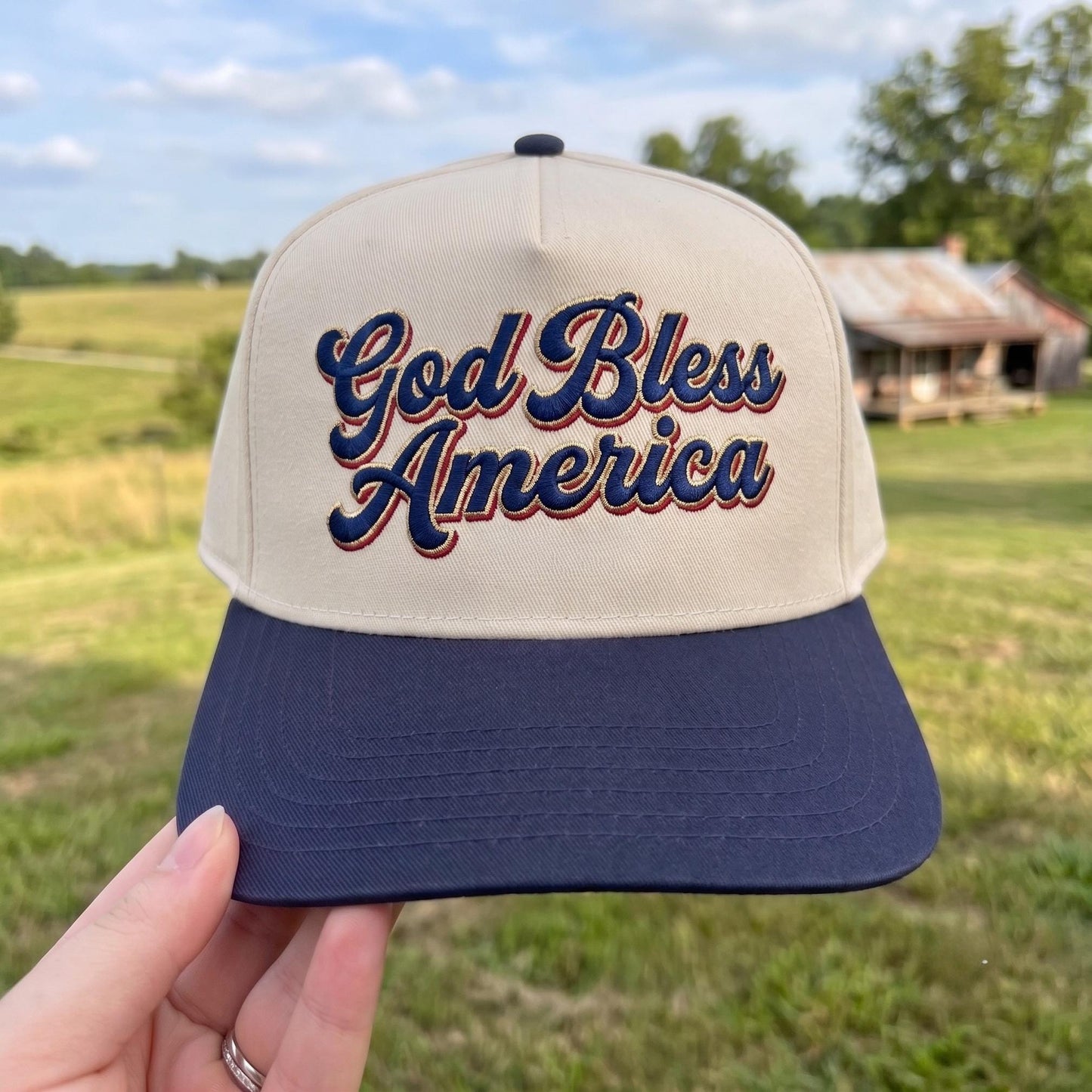 Patriotic Cotton Trucker Hat with Embroidered 'God Bless America' Design - Red and Beige - Image 3