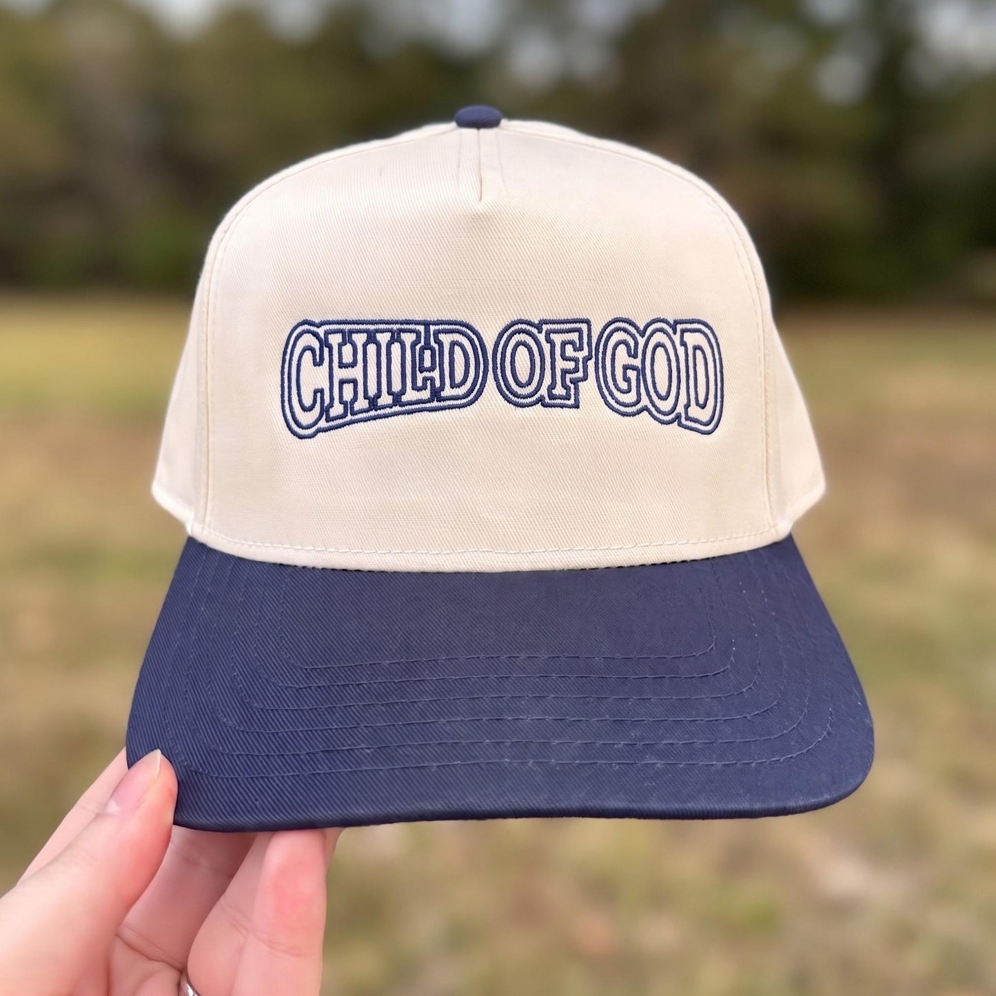 Vintage-Style Trucker Hat with Embroidered 'Child of God' Design - Beige & Black Cap - Image 3