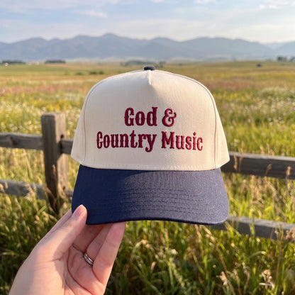 Cream and Blue Baseball Cap with 'God & Country Music' Embroidery - Iconic Design - Image 3