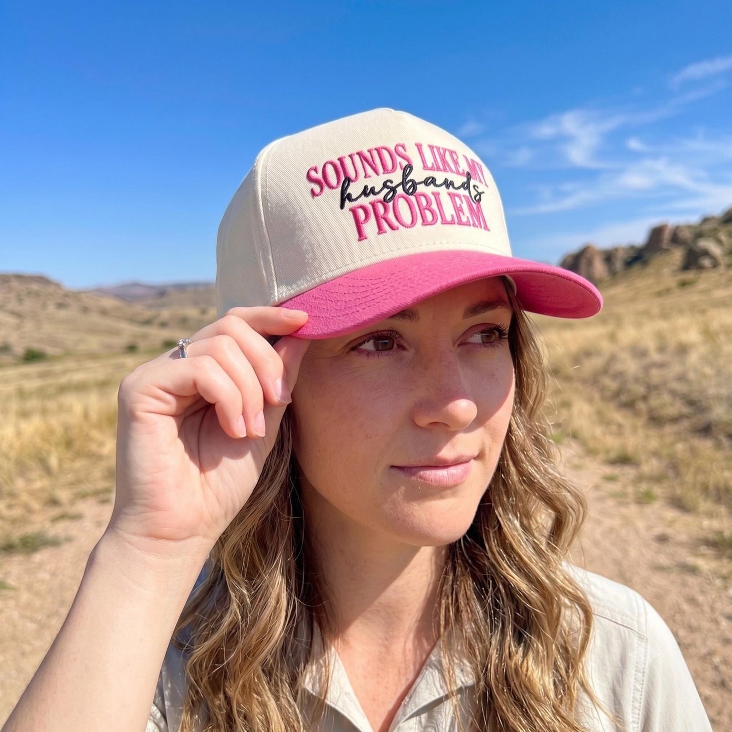 Embroidered Trucker Hat with Sassy Phrase - Cream and Navy Cap - Image 3