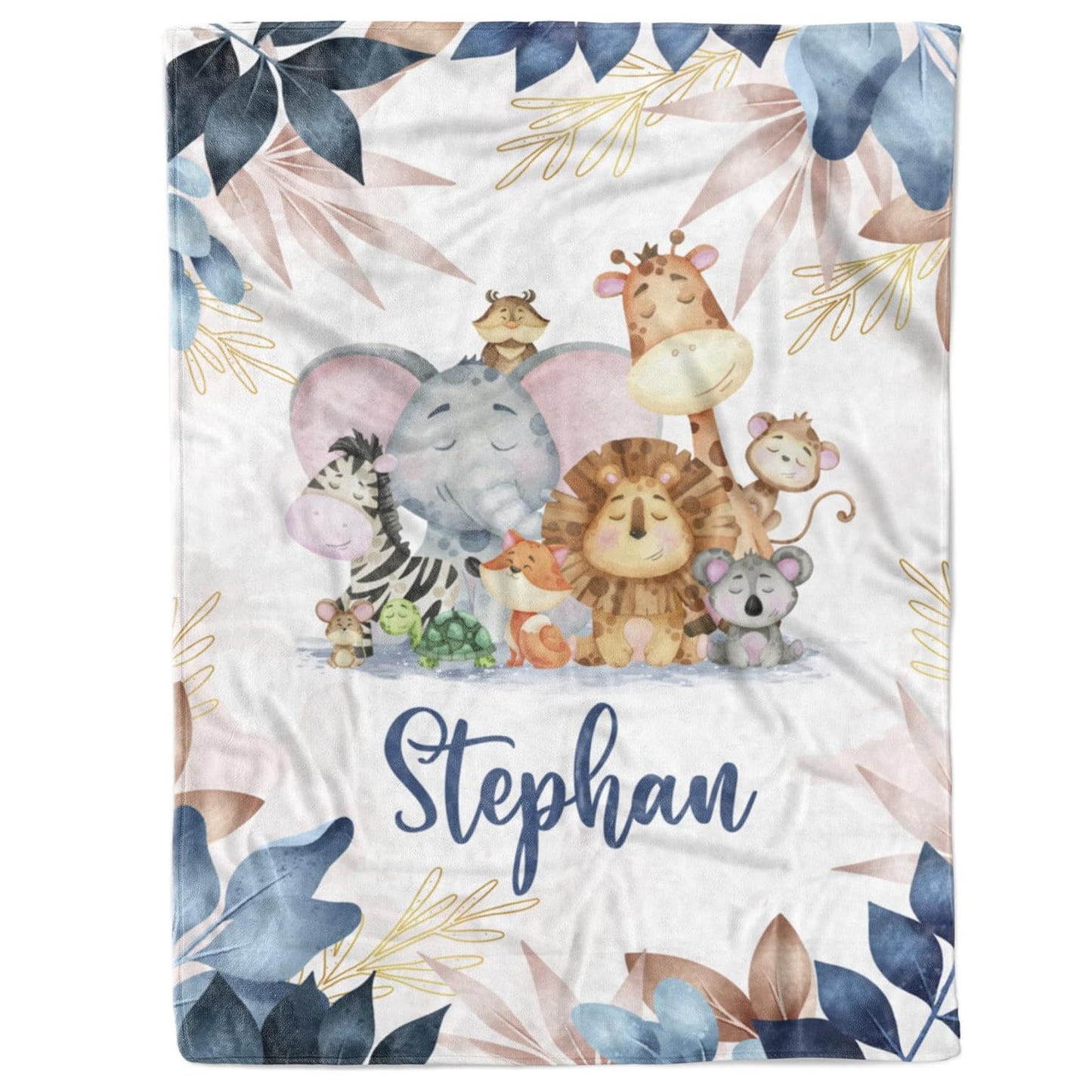Custom baby blanket with name – safari animal group design