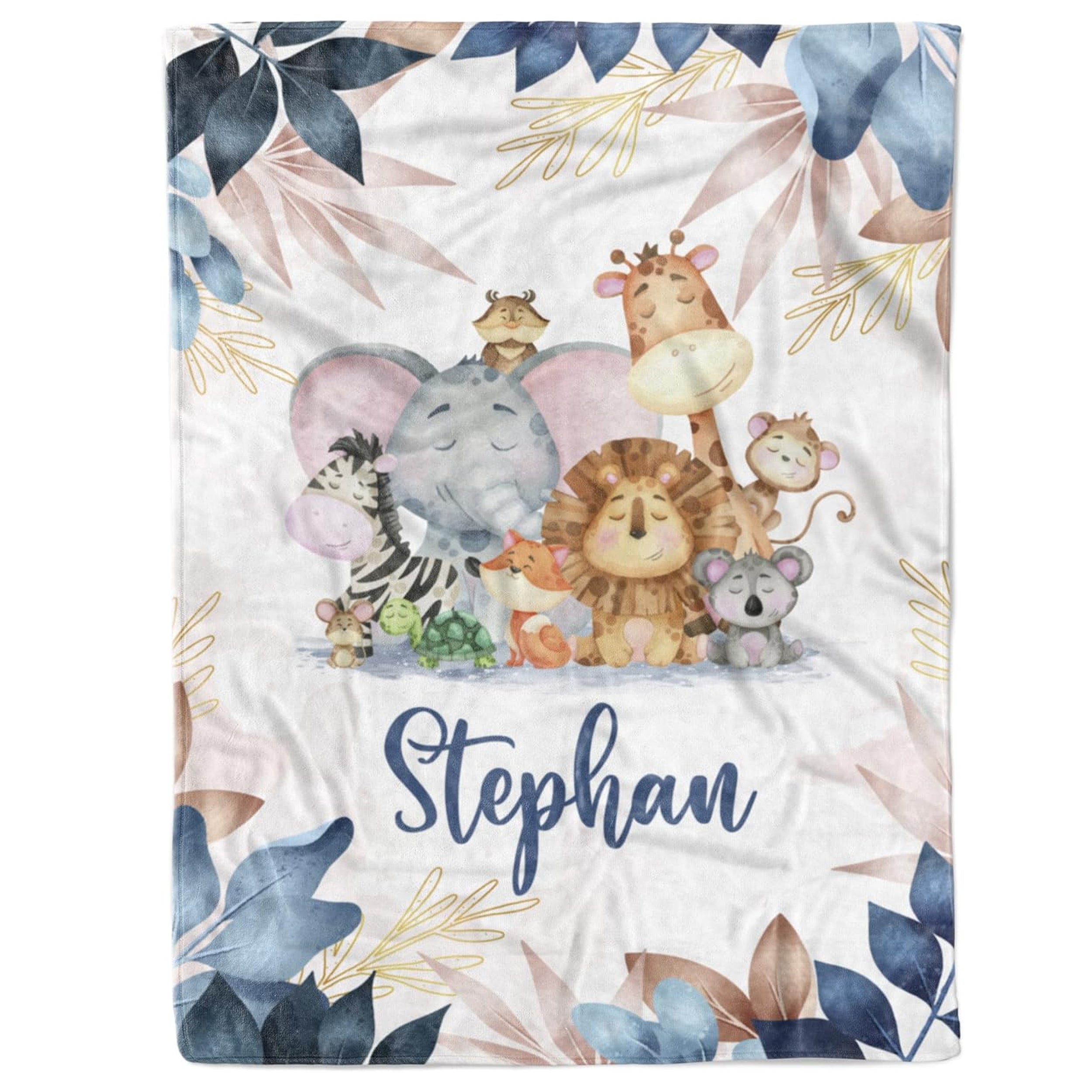 Custom baby blanket with name – safari animal group design