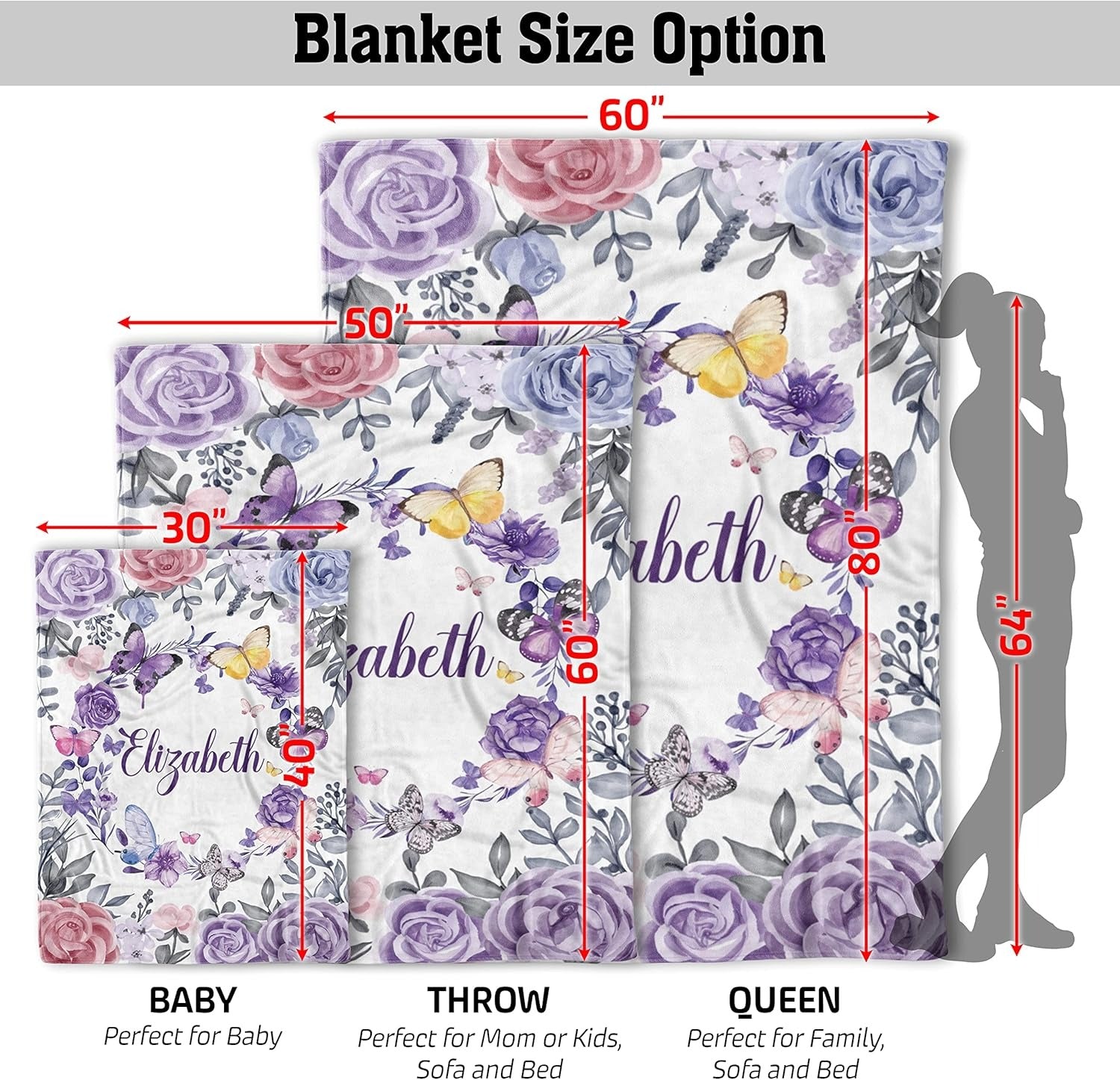 Size guide for custom baby blanket with butterfly and floral design, available in baby, throw, and queen sizes