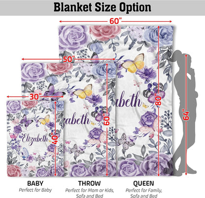 Size guide for custom baby blanket with butterfly and floral design, available in baby, throw, and queen sizes