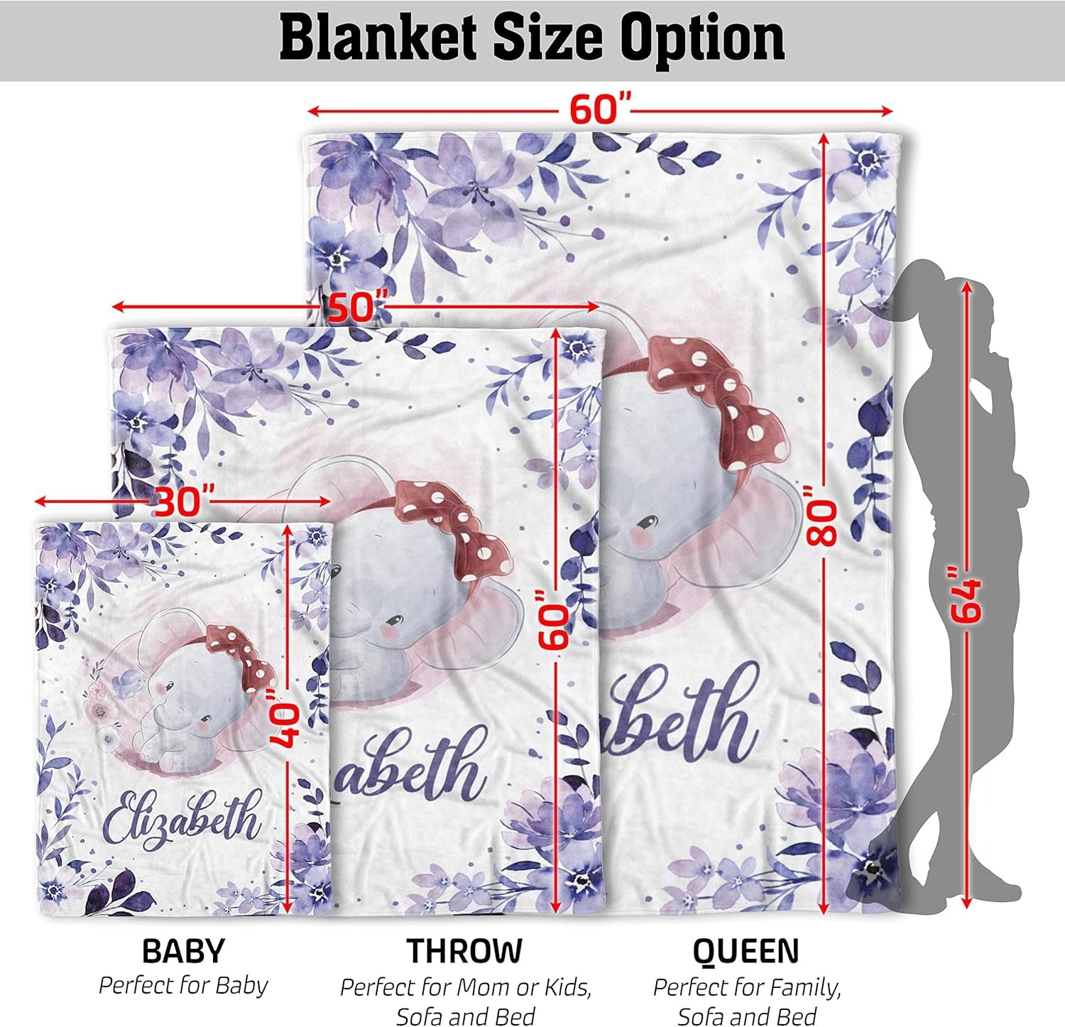 Size options for custom baby blanket with elephant and name Elizabeth, in baby, throw and queen sizes