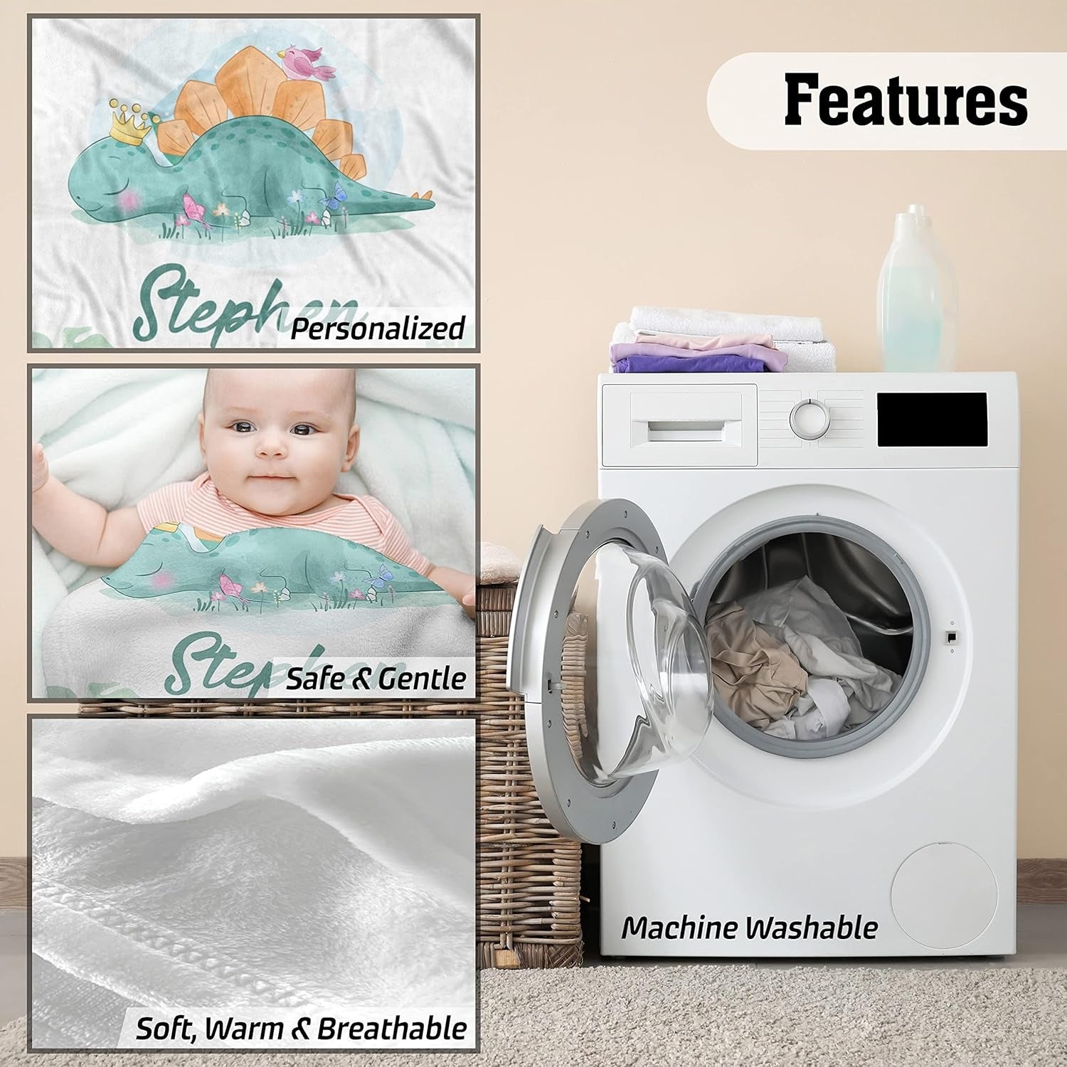 Features of soft fleece dinosaur custom baby blanket with name